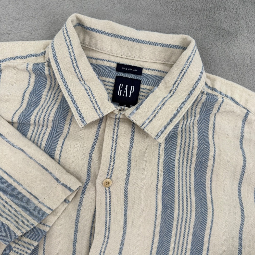Gap Mens Blue Cream Striped Cotton Linen Short Sleeve Button Down Shirt Medium